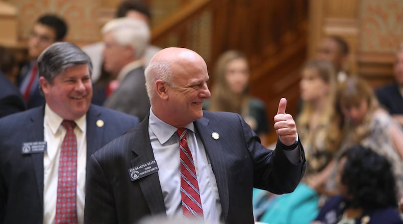 Sen. Brandon Beach, R-Alpharetta, gives a thumbs up after the passage of a mass transit expansion measure in 2018.  PHOTO / JASON GETZ