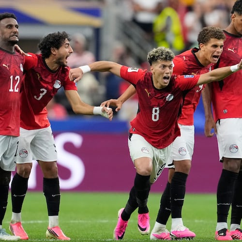 Egypt players react during a penalty shootout against Australia for the World Cup round of 32 soccer match in Arlington, Texas, near Dallas, Friday, July 3, 2026. (AP Photo/Tony Gutierrez)