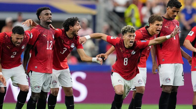 Egypt players react during a penalty shootout against Australia for the World Cup round of 32 soccer match in Arlington, Texas, near Dallas, Friday, July 3, 2026. (AP Photo/Tony Gutierrez)