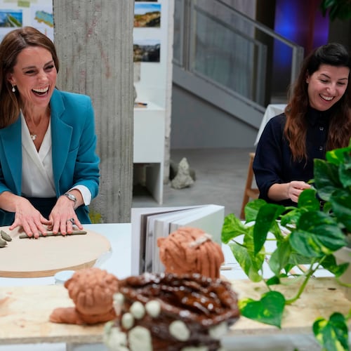 Britain's Kate, Princess of Wales, takes part in an immersive clay atelier workshop at the Loris Malaguzzi International Centre, part of a two-day trip, in Reggio Emilia, Italy, Wednesday, May 13, 2026. (AP Photo/Antonio Calanni, Pool)