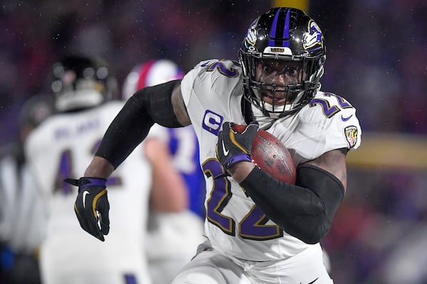FILE - Baltimore Ravens running back Derrick Henry (22) carries the ball against the Buffalo Bills during the third quarter of an NFL divisional playoff football game, Sunday, Jan. 19, 2025, in Orchard Park, N.Y. (AP Photo/Adrian Kraus, File)