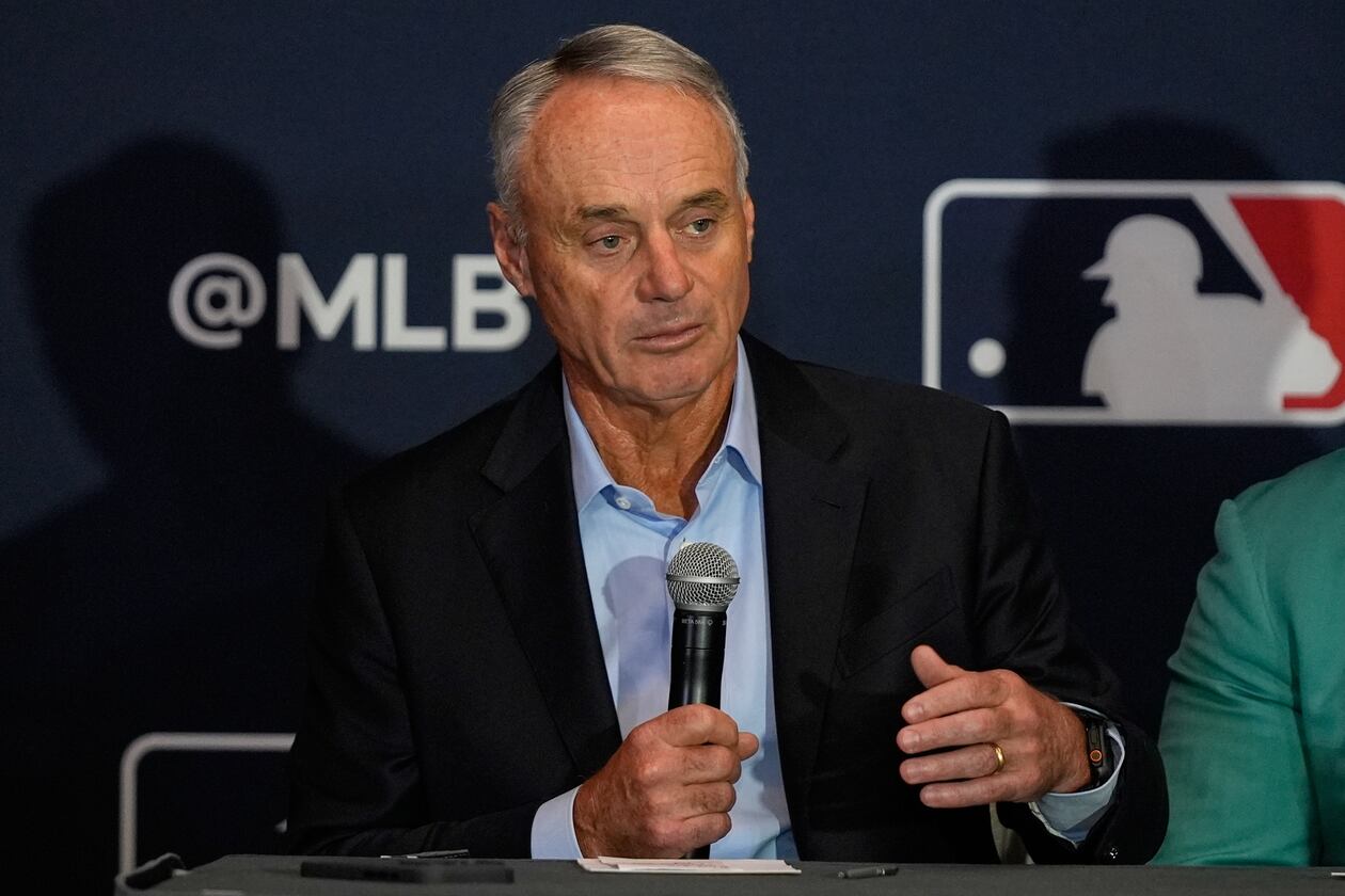 MLB commissioner Rob Manfred answers questions during a news conference at the league's winter meetings Dec. 8, 2025, in Orlando, Florida. (John Raoux/AP)