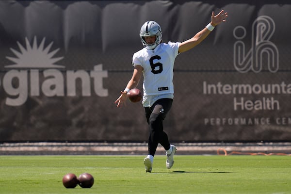 Las Vegas Raiders punter AJ Cole participates during an NFL football practice Wednesday, June 11, 2025, in Henderson, Nev. (AP Photo/John Locher)