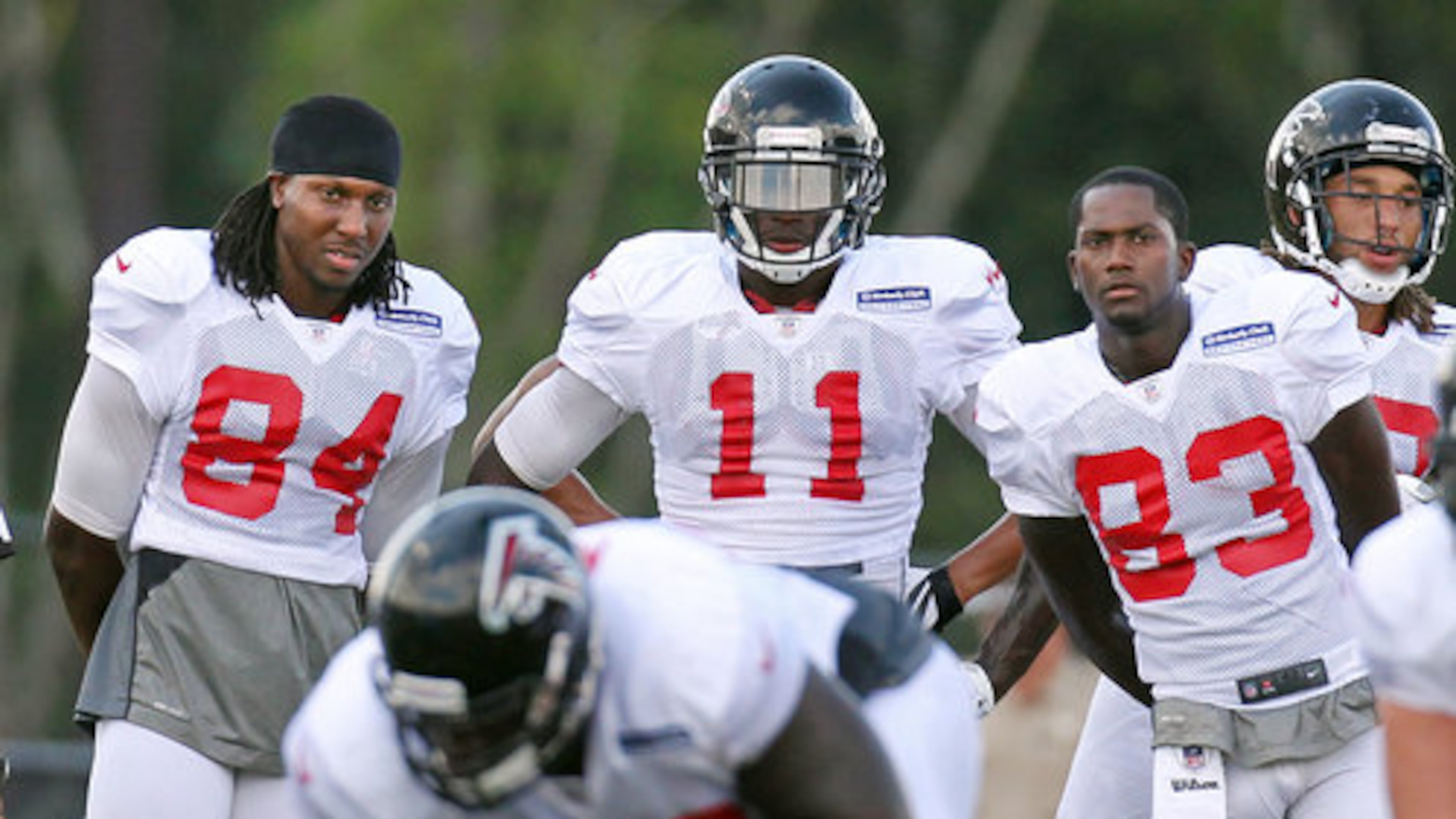 Wide receivers Roddy White (left), Julio Jones (center) and Harry Douglas played together with the Falcons from 2011-14. (Curtis Compton/AJC 2012)