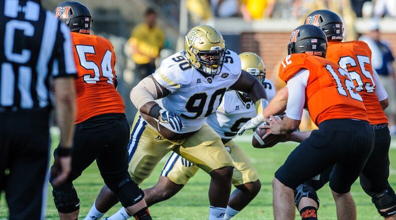 Georgia Tech defensive tackle Brandon Adams was credited with seven tackles last season in his freshman season. (Danny Karnik/GTAA)