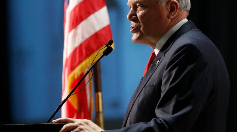 Dec. 9, 2014 - Athens - Gov. Nathan Deal speaks at the 2014 Transportation Summit in Athens. Gov. Nathan Deal outlined his legislative agenda at the Biennial Institute for Georgia Legislators, and then at the 2014 Transportation Summit, hosted by the Georgia Transportation Alliance, in partnership with the American Council of Engineering Companies of Georgia, both in Athens. Georgia Republicans are laying the groundwork for a monumental push to raise new revenue to fund infrastructure improvements BOB ANDRES / BANDRES@AJC.COM AJC Photo / Bob Andres