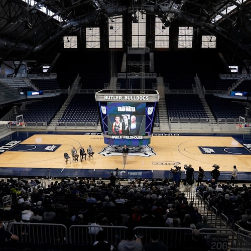 FILE - Butler's head coach Thad Matta speaks after he was introduced during an NCAA college basketball news conference at Hinkle Fieldhouse, April 6, 2022, in Indianapolis. (AP Photo/Darron Cummings, File)