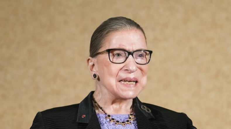 FILE - In this Aug. 19, 2016, file photo, Supreme Court Justice Ruth Bader Ginsburg is introduced during the keynote address for the State Bar of New Mexico's annual meeting in Pojoaque, N.M. The Supreme Court says Ginsburg has died of metastatic pancreatic cancer at age 87. (AP Photo/Craig Fritz, File)