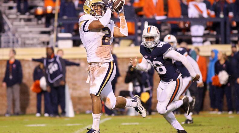 CHARLOTTESVILLE, VA - NOVEMBER 4: Ricky Jeune #2 of the Georgia Tech Yellow Jackets catches a pass for a touchdown in the fourth quarter during a game against the Virginia Cavaliers at Scott Stadium on November 4, 2017 in Charlottesville, Virginia. Virginia defeated Georgia Tech 40-36. (Photo by Ryan M. Kelly/Getty Images)