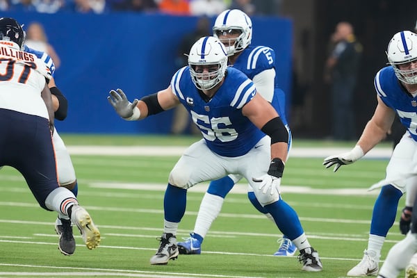 FILE - Indianapolis Colts guard Quenton Nelson (56) blocks during the first half of an NFL football game against the Chicago Bears, Sunday, Sept. 22, 2024, in Indianapolis. (AP Photo/Darron Cummings, File)