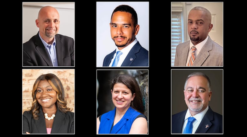 State school superintendents from, left to right, (top row): Republican John Barge, Democrat Jaha Howard, and Democrat James Morrow, Jr. Bottom row: Democrat Alisha Thomas Searcy, Democrat Currey Hitchens, and Georgia State School Superintendent Richard Woods, a Republican is running for reelection. (Handout)