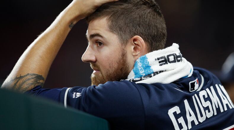 Kevin Gausman #45 of the Atlanta Braves reacts after being taken out of the game in the sixth inning against the Cincinnati Reds at Great American Ball Park on April 23, 2019 in Cincinnati, Ohio. The Reds defeated the Braves 7-6. (Photo by Joe Robbins/Getty Images)