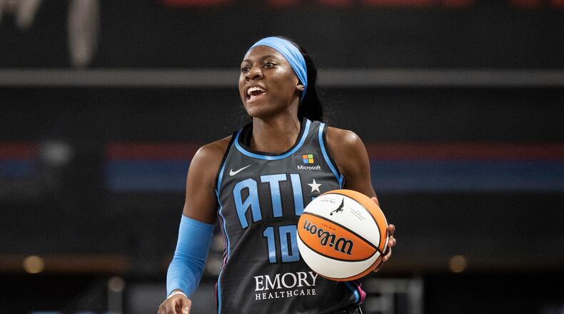 Atlanta Dream guard Rhyne Howard (10) during a WNBA basketball game against the Las Vegas Aces, Friday, June 2, 2023, in College Park, Ga. (AP Photo/Danny Karnik)