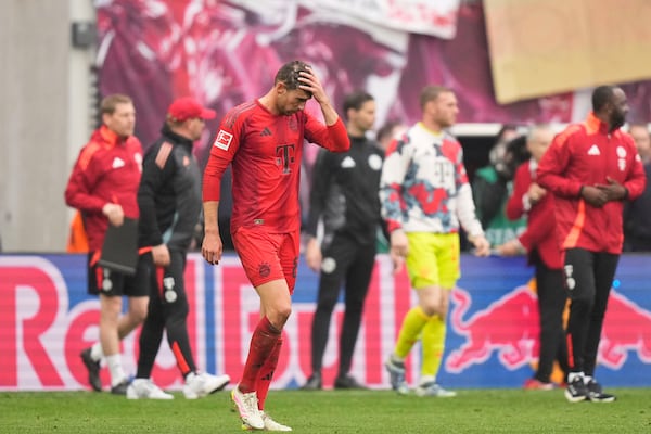 Bayern's Leon Goretzka reacts at the end of the German Bundesliga soccer match between RB Leipzig and FC Bayern Munich at the Red Bull Arena in Leipzig, Germany, Saturday, May 3, 2025. (AP Photo/Matthias Schrader)