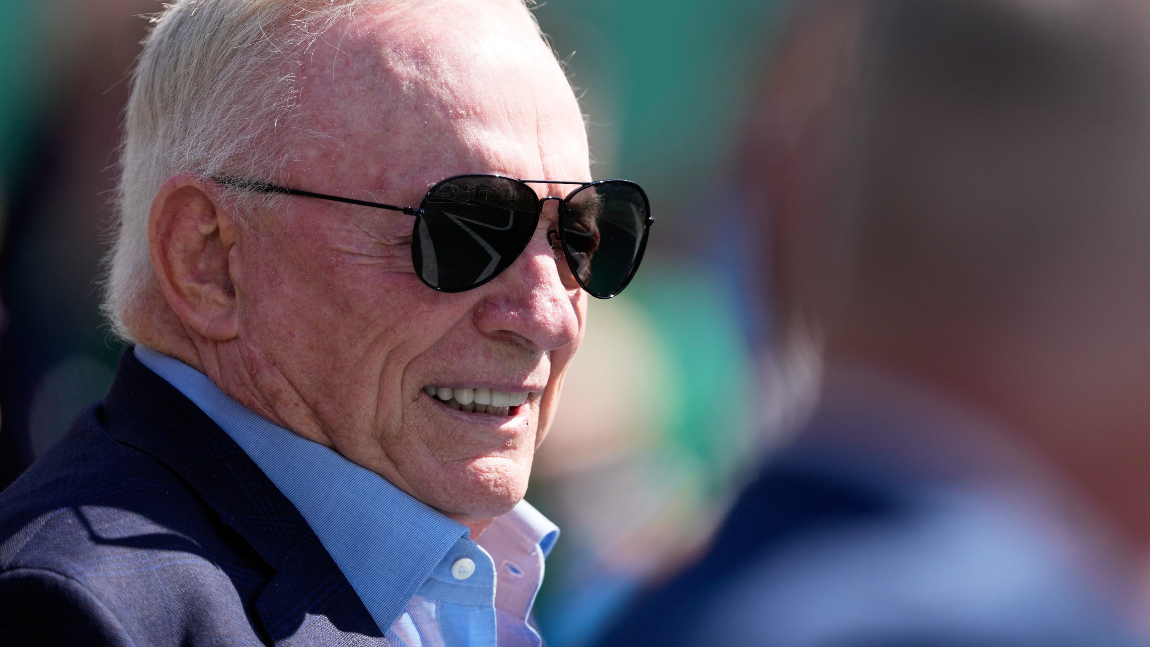 Dallas Cowboys owner Jerry Jones watches warm ups before an NFL football game against the New York Jets Sunday, Oct. 5, 2025, in East Rutherford, N.J. (AP Photo/Seth Wenig)