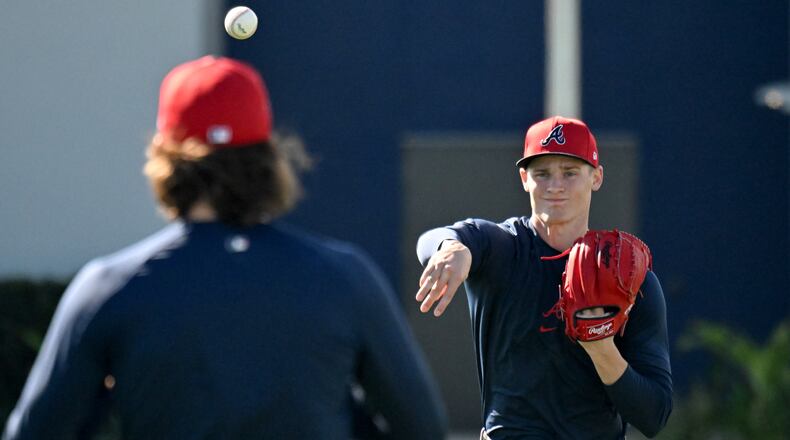 Atlanta Braves starting pitcher AJ Smith-Shawver throws during a spring training workout at CoolToday Park, Wednesday, Feb., 14, 2024, in North Port, Florida. (Hyosub Shin / Hyosub.Shin@ajc.com)