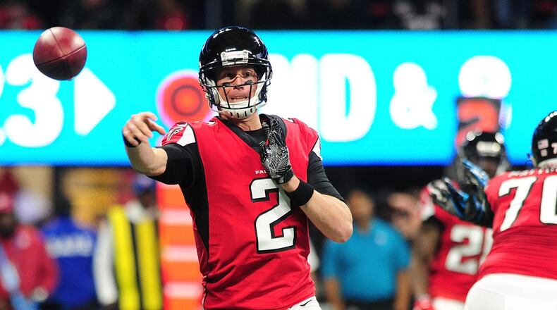 ATLANTA, GA - DECEMBER 31: Matt Ryan #2 of the Atlanta Falcons throws a pass during the first half against the Carolina Panthers at Mercedes-Benz Stadium on December 31, 2017 in Atlanta, Georgia. (Photo by Scott Cunningham/Getty Images)