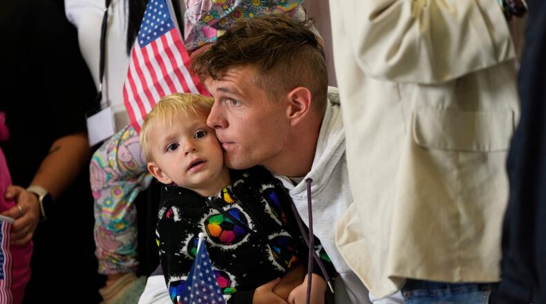FILE - Afrikaner refugees from South Africa arrive, May 12, 2025, at Dulles International Airport in Dulles, Va. (AP Photo/Julia Demaree Nikhinson, File)
