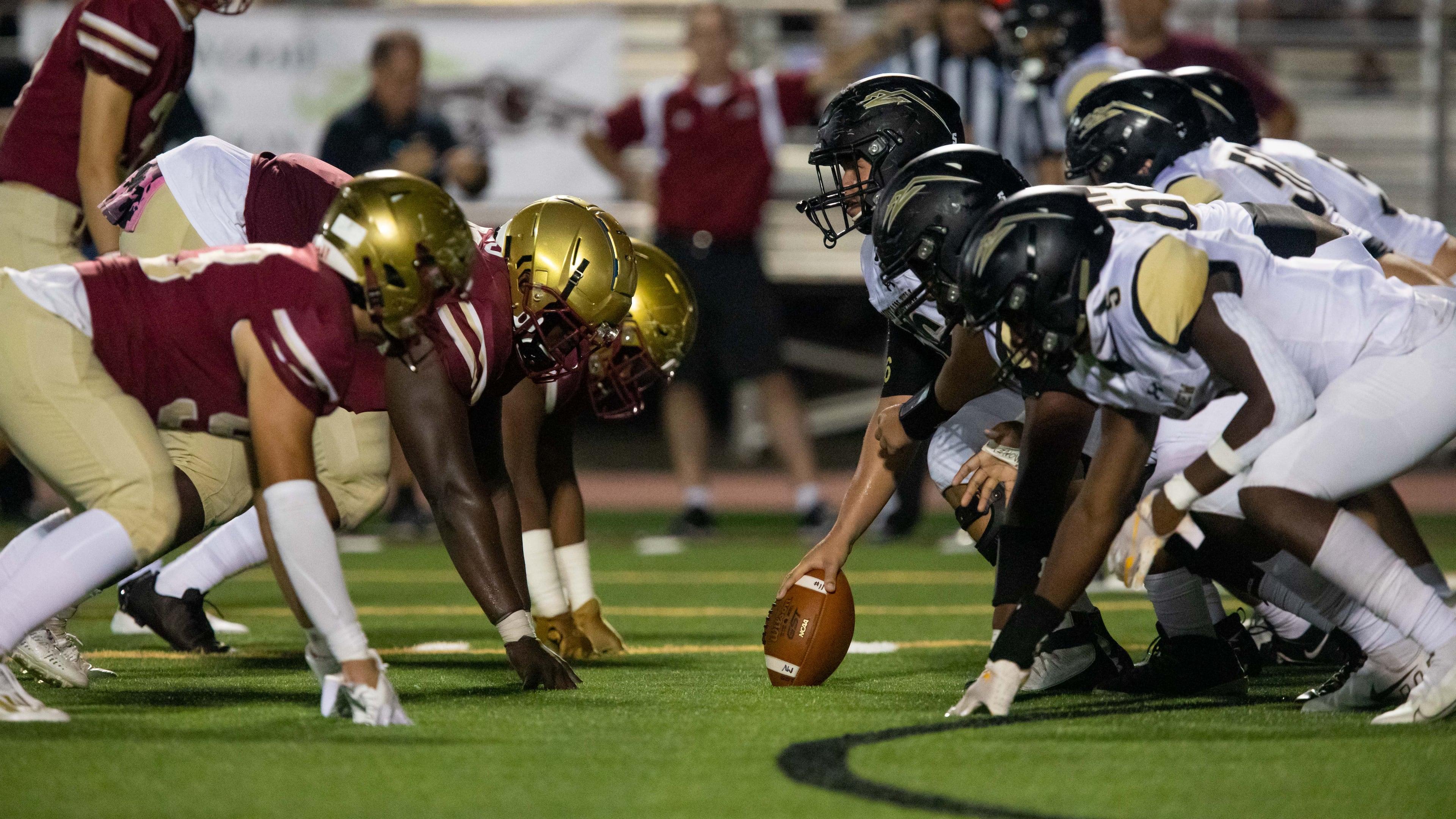 Players line up during a GHSA high school football game between Mountain View and Brookwood at Brookwood High School in Snellville, GA., on Friday, Oct. 1, 2021. (Photo/Jenn Finch)