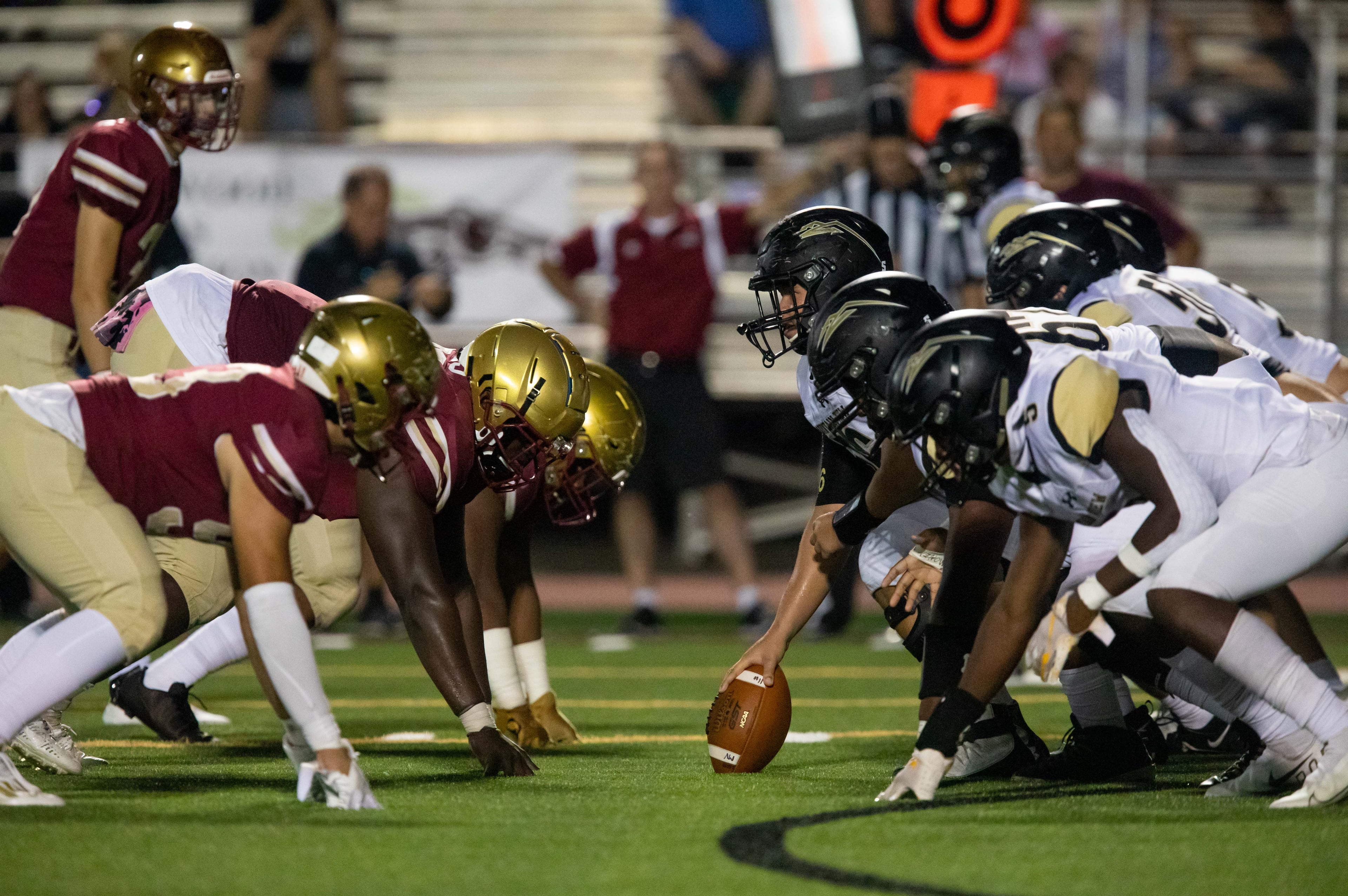 Players line up during a GHSA high school football game between Mountain View and Brookwood at Brookwood High School in Snellville, GA., on Friday, Oct. 1, 2021. (Photo/Jenn Finch)