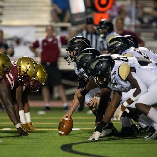 Players line up during a GHSA high school football game between Mountain View and Brookwood at Brookwood High School in Snellville, GA., on Friday, Oct. 1, 2021. (Photo/Jenn Finch)
