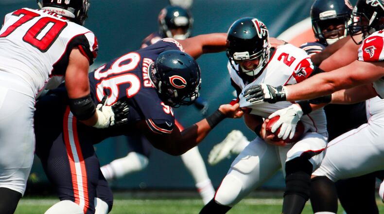 Chicago Bears defensive end Akiem Hicks sacks Atlanta Falcons quarterback Matt Ryan Sunday. That's OK, the Falcons won. (Nuccio DiNuzzo/Chicago Tribune/TNS)