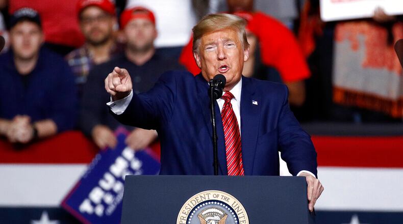 FILE - In this Friday, Feb. 28, 2020, file photo, President Donald Trump speaks during a campaign rally, in North Charleston, S.C. Six Trump staffers setting up for his June 20 Tulsa rally tested positive for the coronavirus. (AP Photo/Patrick Semansky, File)
