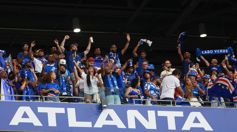 Cape Verde fans cheer their team before the start of the Spain vs. Cape Verde Group H match at Atlanta Stadium (Mercedes-Benz Stadium) on Monday, June 15, 2026. (Jason Getz/AJC)