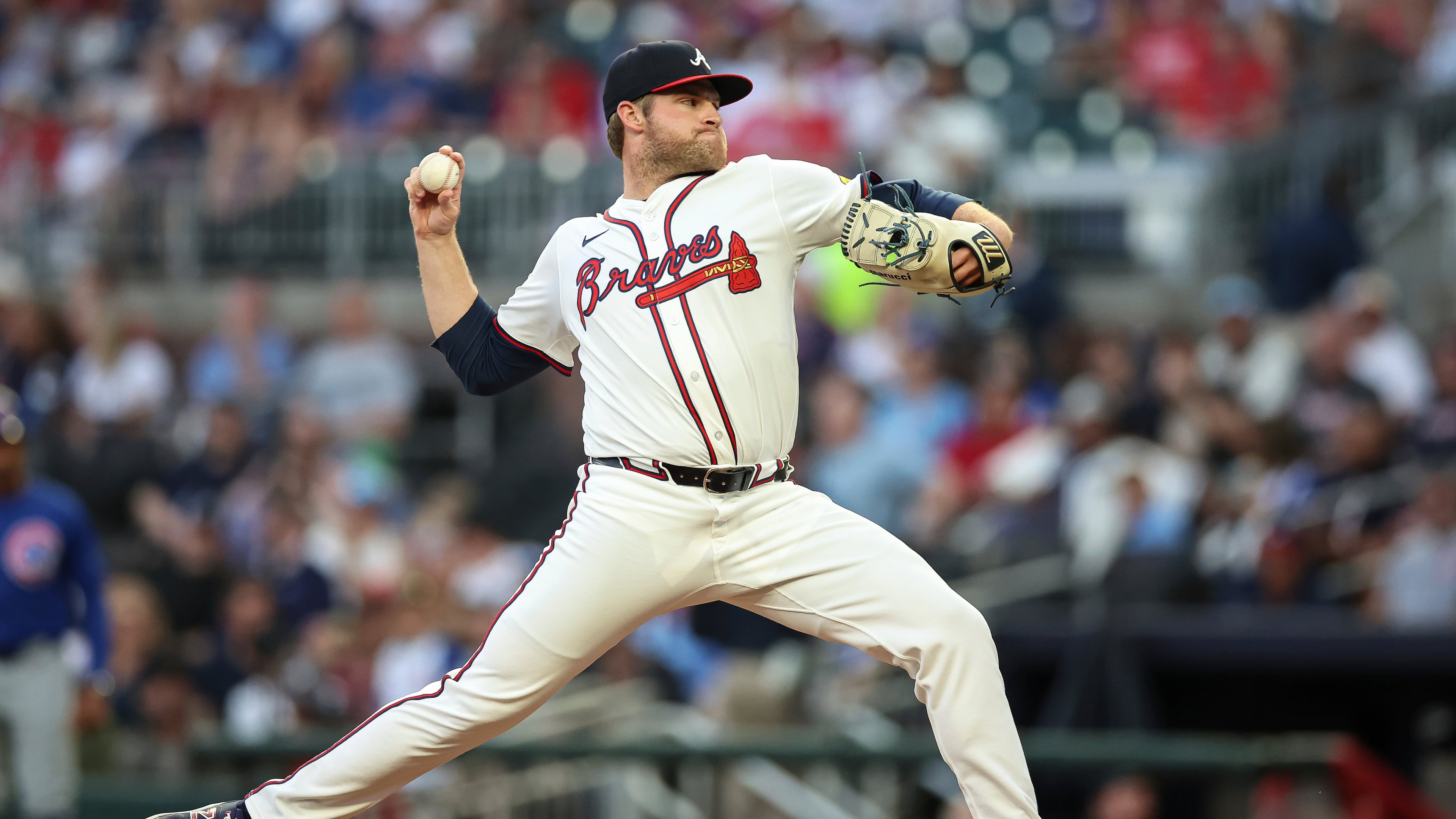 Atlanta Braves pitcher Bryce Elder delivers in the second inning of a baseball game against the Chicago Cubs, Monday, Sept. 8, 2025, in Atlanta. (AP Photo/Colin Hubbard)