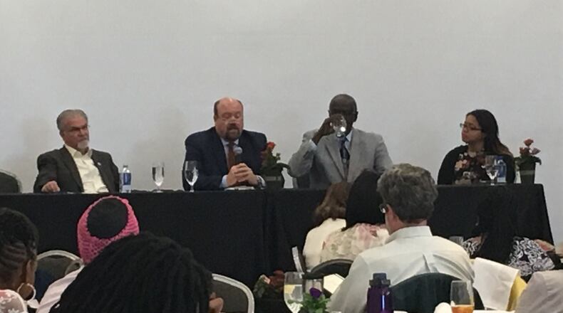 Three mayors in southern Fulton County (left to right, Hapeville’s Alan Hallman, Tom Reed of Chattahoochee Hills and South Fulton’s William “Bill” Edwards) speak about environmental issues at the Georgia Environmental Justice Education and Awareness Symposium on April 22, 2019.