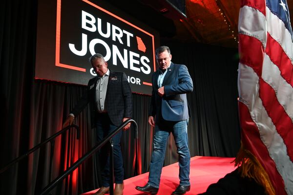 Georgia gubernatorial candidate Burt Jones leaves the stages after addressing supporters at his election-night watch party at The Rivers Ranch during Georgia’s primary runoff on Tuesday, June 16, 2026, in Jackson. (Hyosub Shin/AJC)