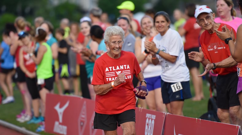 Betty Lindberg during a track meet for the Atlanta Track Club, at Emory University, on May 24.