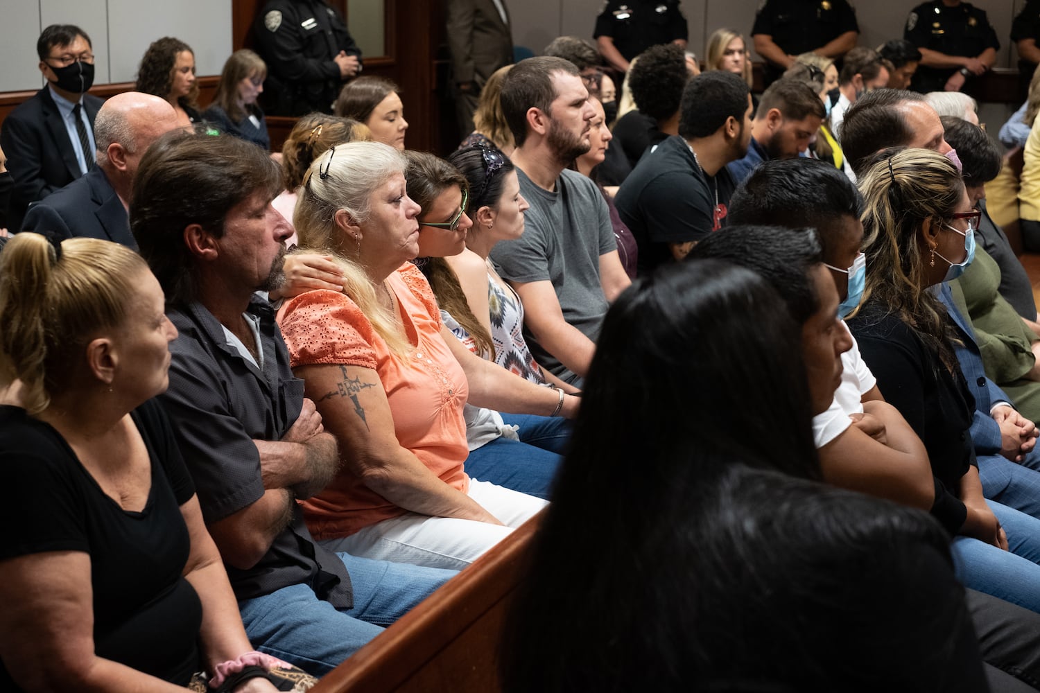 210727-Canton- Friends and families of the victims listen during the plea hearing for spa shooting suspect Robert Aaron Long in Superior Court of Cherokee County in Canton on Tuesday morning, July 27, 2021. Ben Gray for the Atlanta Journal-Constitution