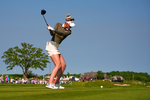 Nelly Korda hits from the 18th tee during the fourth round of the U.S. Women's Open golf tournament at Erin Hills Sunday, June 1, 2025, in Erin, Wis. (AP Photo/Matt York)