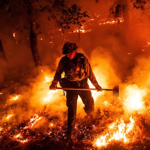 FILE - A firefighter battles the Pickett Fire burning in the Aetna Springs area of Napa County, Calif., Aug. 23, 2025. (AP Photo/Noah Berger, File)