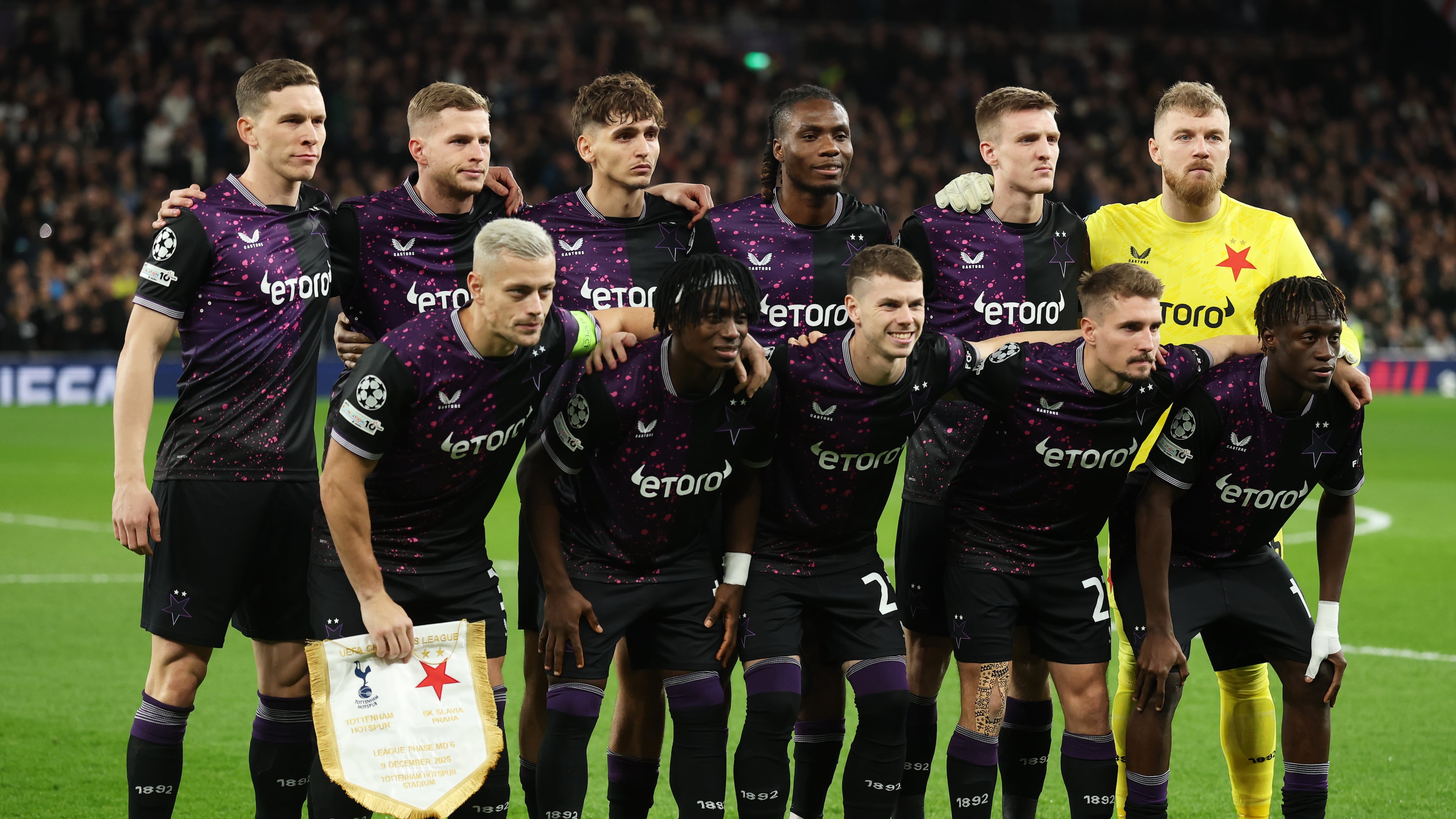 Team of Slavia lines up for the Champions League opening phase soccer match between Tottenham and Slavia Prague, in London, England, Tuesday, Dec. 9, 2025. (AP Photo/Richard Pelham)