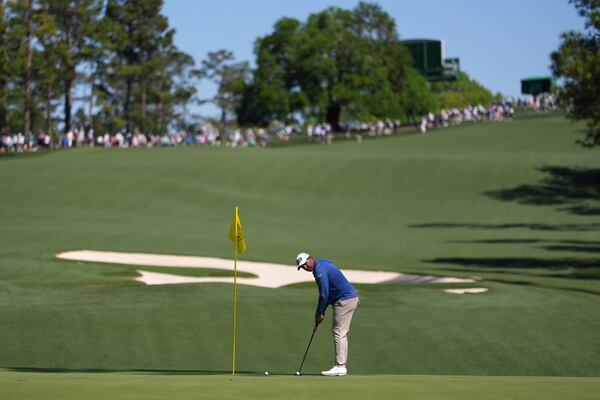 Thriston Lawrence, of South Africa, putts on the 10th green during a practice round at the Masters golf tournament, Tuesday, April 8, 2025, in Augusta, Ga. (AP Photo/Matt Slocum)