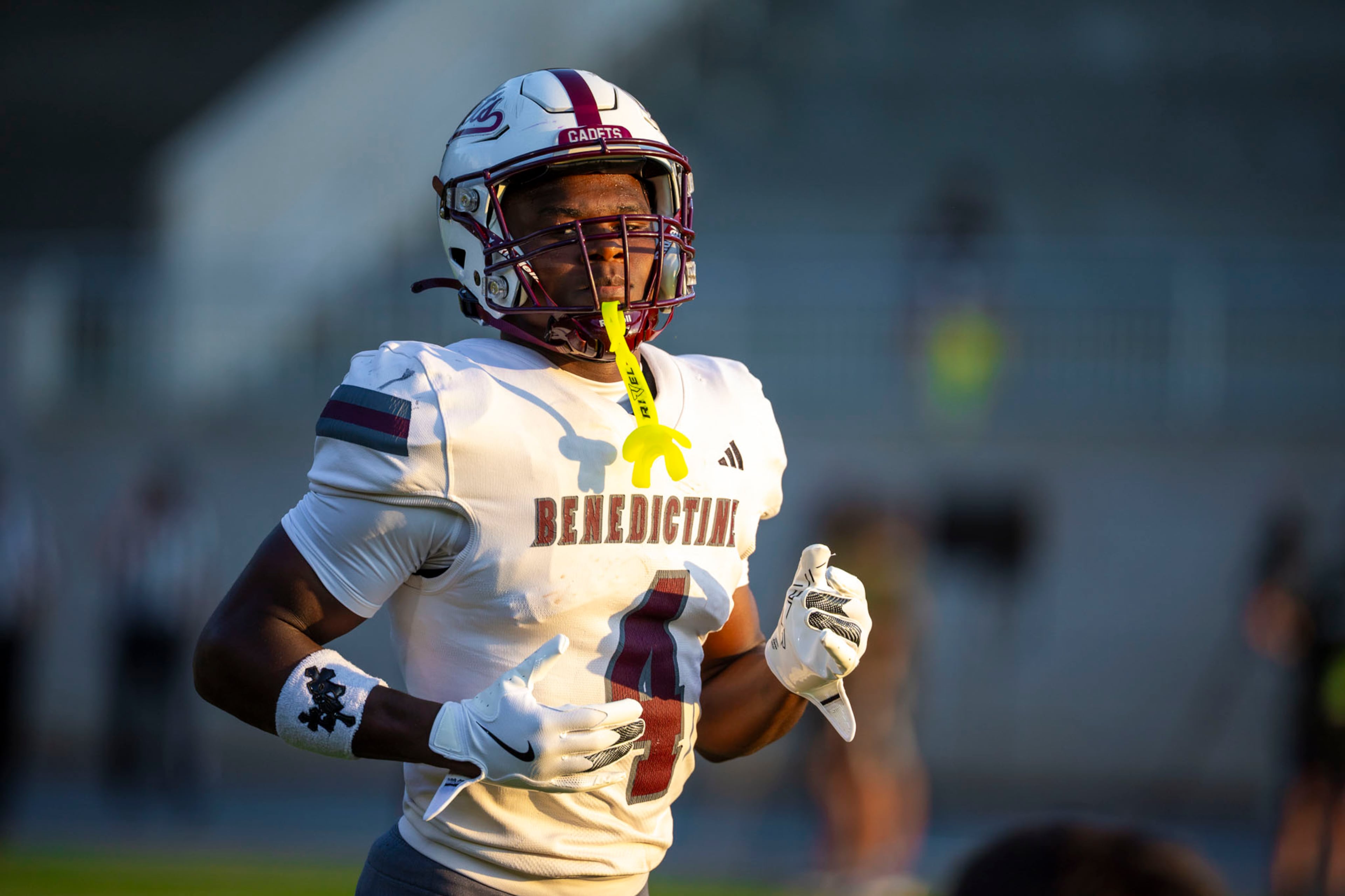 Benedictine player Bubba Frazier jogs during a drill against Westminster at Fritz Orr Field in Atlanta, GA on Friday, Sept. 19th, 2025. (Oscar Guevara Saenz for the AJC)