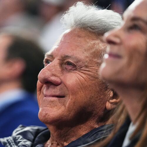 FILE -Dustin Hoffman reacts during the first half of Game 2 in the Eastern Conference finals NBA basketball playoffs series, May 21, 2026, in New York. (AP Photo/Frank Franklin II, File)
