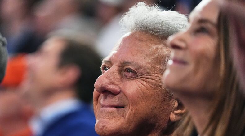 FILE -Dustin Hoffman reacts during the first half of Game 2 in the Eastern Conference finals NBA basketball playoffs series, May 21, 2026, in New York. (AP Photo/Frank Franklin II, File)