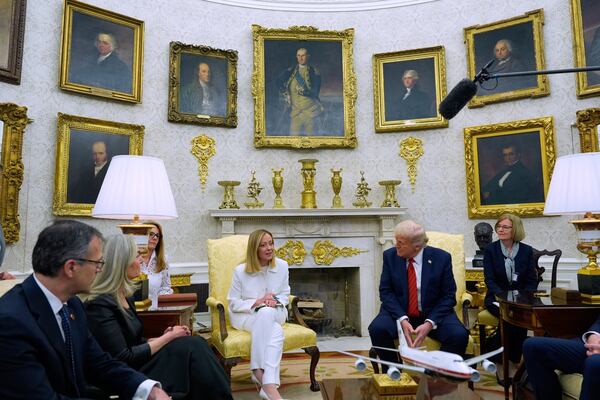 President Donald Trump meets with Italy's Prime Minister Giorgia Meloni in the Oval Office of the White House, Thursday, April 17, 2025, in Washington. (AP Photo/Alex Brandon)