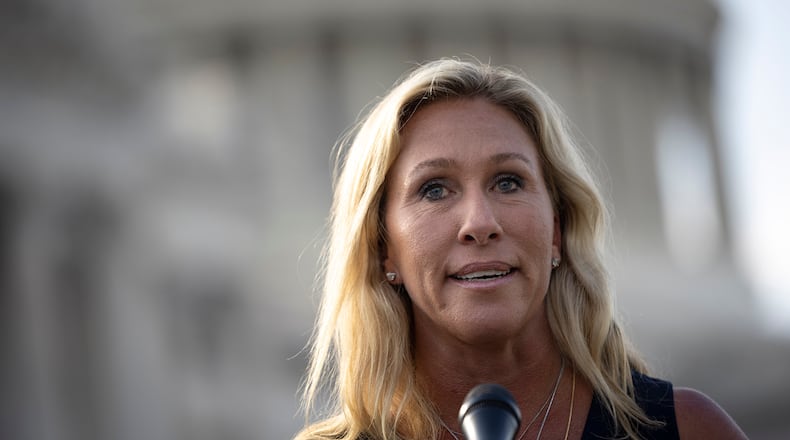 U.S. Rep. Marjorie Taylor Greene (R-GA) speaks at a news conference after visiting the Holocaust Museum, outside the U.S. Capitol on June 14, 2021. (Drew Angerer/Getty Images/TNS)