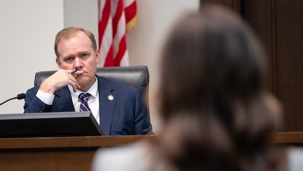 Judge Brian Rickman listens during a hearing of the Judicial Qualifications Commission in 2024. (Ben Gray for the AJC)