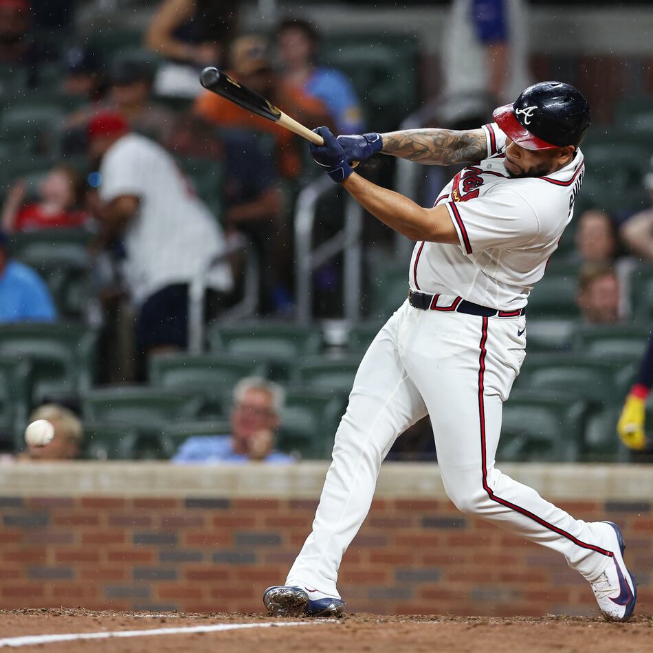 The Braves' Dominic Smith hits an RBI single in the eighth inning Wednesday, July 22, 2026, against the Padres in Atlanta. Smith had a three-run home run in the fourth inning Thursday that gave the Braves a 5-3 lead en route to their 6-5 victory. (Colin Hubbard/AP)