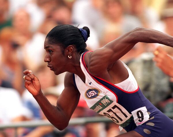 Gwen Torrence at the start of a 100-meter qualifier Friday, July 26, 1996, during the track and field competitions at the Olympic Stadium in Atlanta. (Rich Addicks/AJC)