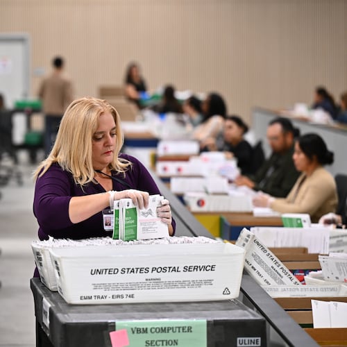 FILE - A worker sorts ballots at the L.A. County Ballot Processing Center during the California primary election, June 2, 2026, in City of Industry, Calif. (AP Photo/William Liang, File)