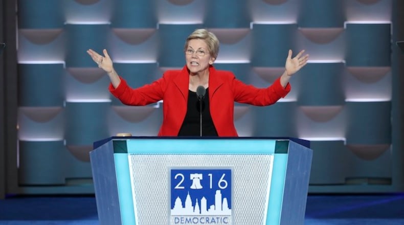 Sen. Elizabeth Warren (D-Mass.) speaks at the Wells Fargo Center on the first day of the Democratic National Convention in Philadelphia, July 25, 2016. (Jim Wilson/The New York Times)