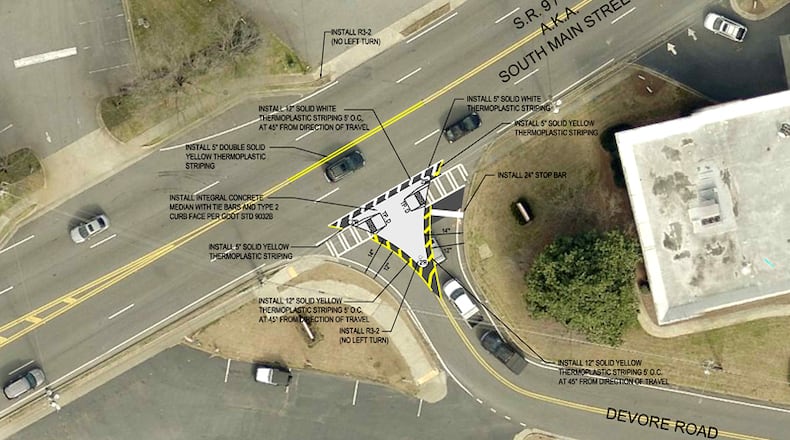Photo illustration depicts the proposed reconfiguration of the intersection of Devore Road and Ga. 9 in Alpharetta to eliminate all left turns to and from Devore. CITY OF ALPHARETTA
