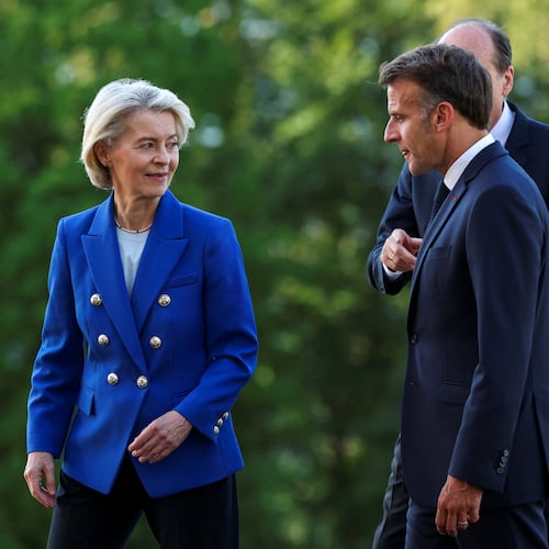 French President Emmanuel Macron walks with European Commission President Ursula von der Leyen during the G7 summit in Evian-les-Bains, France, Monday, June 15, 2026. (Isabel Infantes/Pool Photo via AP)