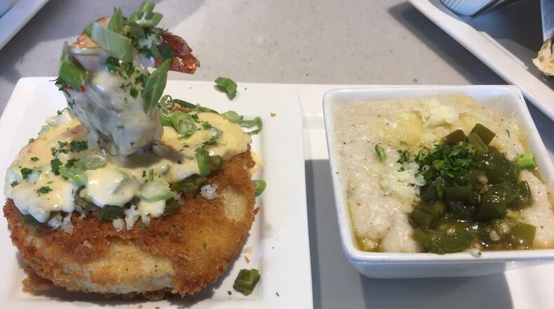 The Shrimp Grit Cake (left) is among the daily specials at Gocha’s Breakfast Bar. The restaurant also offers grits, including jalapeno grits (right). JANANI RAMMOHAN / JANANI.RAMMOHAN@AJC.COM